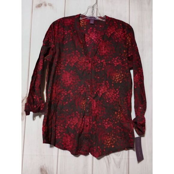 Gloria Vanderbilt Shirt Ladies Small Red Black Button Front 3/4 Sleeve Light Wei - Picture 1 of 7